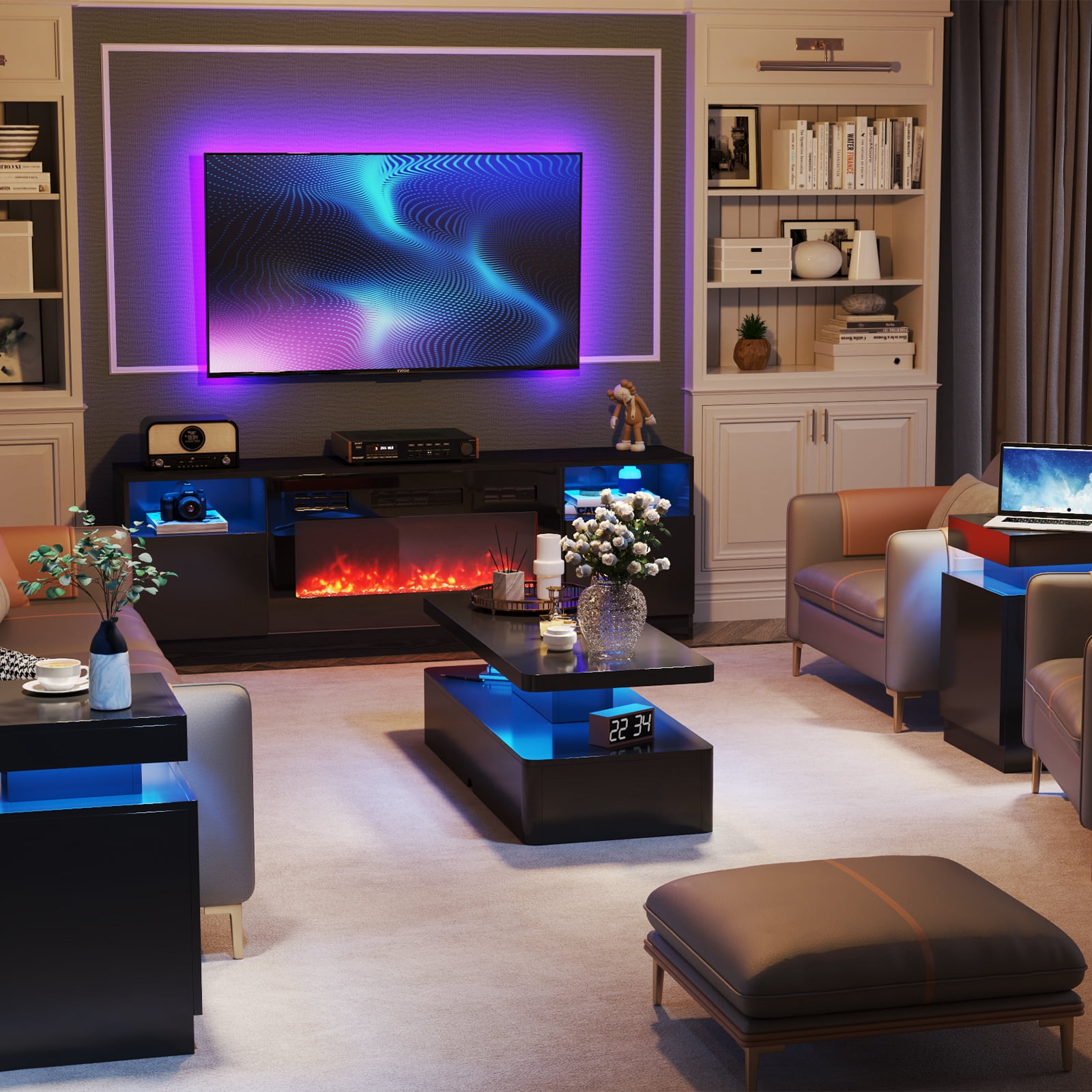 Easoger Modern Stylish Coffee Table with 16 Colors LED Lights, Double-Layer Design for Living Room, Black High Gloss Acrylic