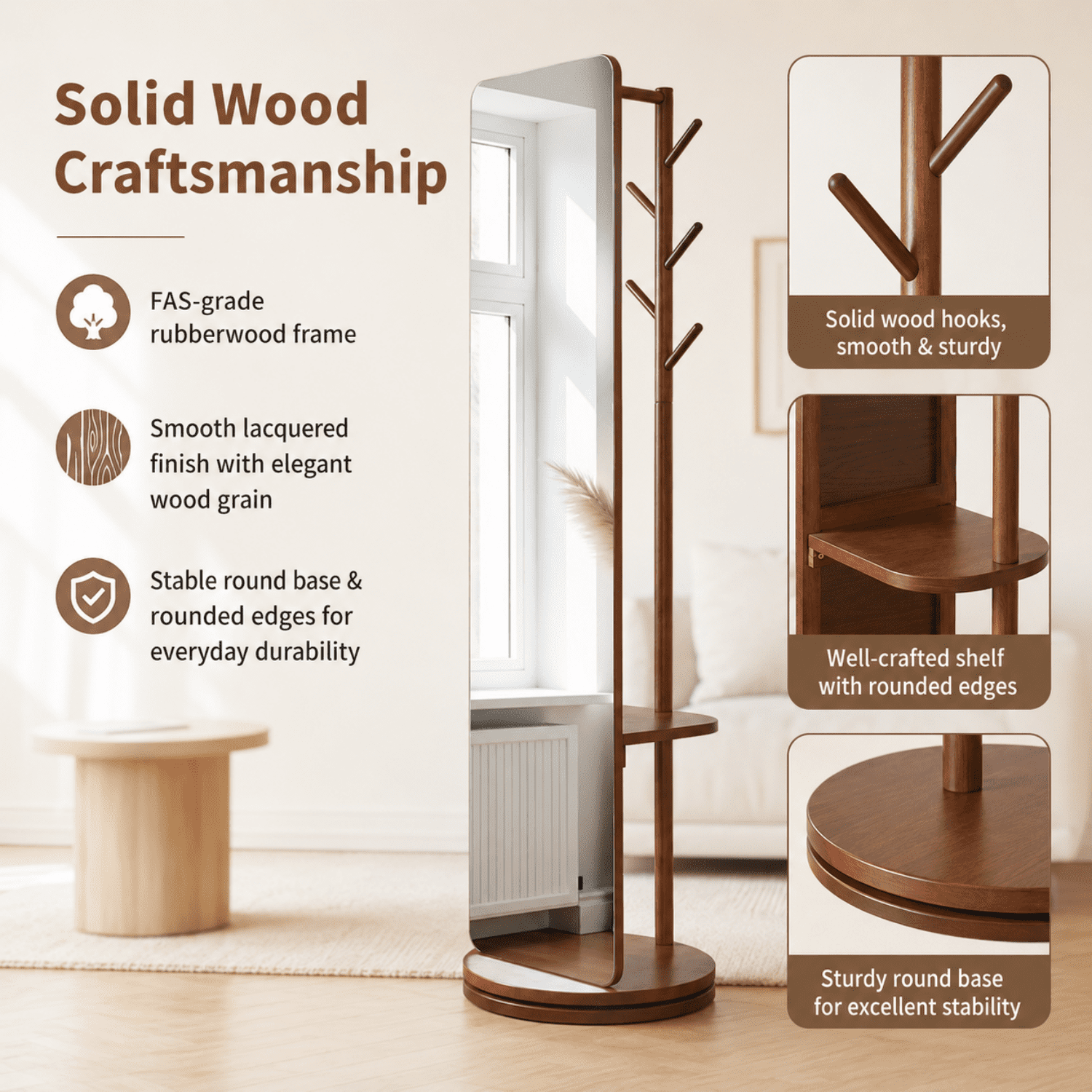 Miniyam Full Length Mirror with Coat Rack and Storage, 68.9" x 15.75" 360° Rotating Solid Wood Standing Mirror for Bedroom and Entryway, Walnut
