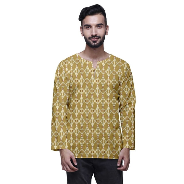 Atasi Cotton Slub Long Sleeve Kurta For Men Keyhole Neck Ethnic PrintedShirt