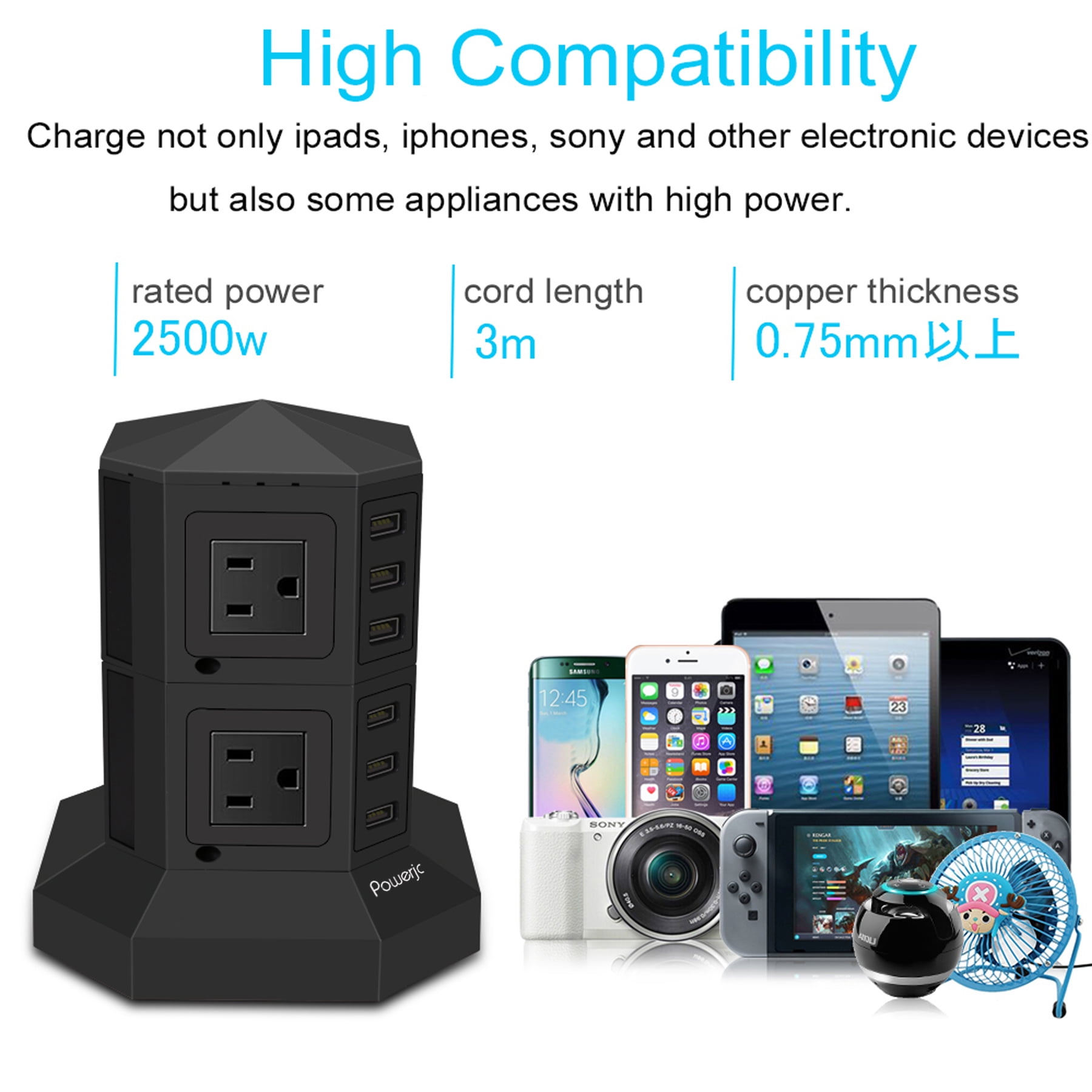 Powerjc Power Strip USB Surge Protector Tower 8 AC Outlets with 6 USB Ports Chargers 78.7 Inch Long Extension Cord Indoor White