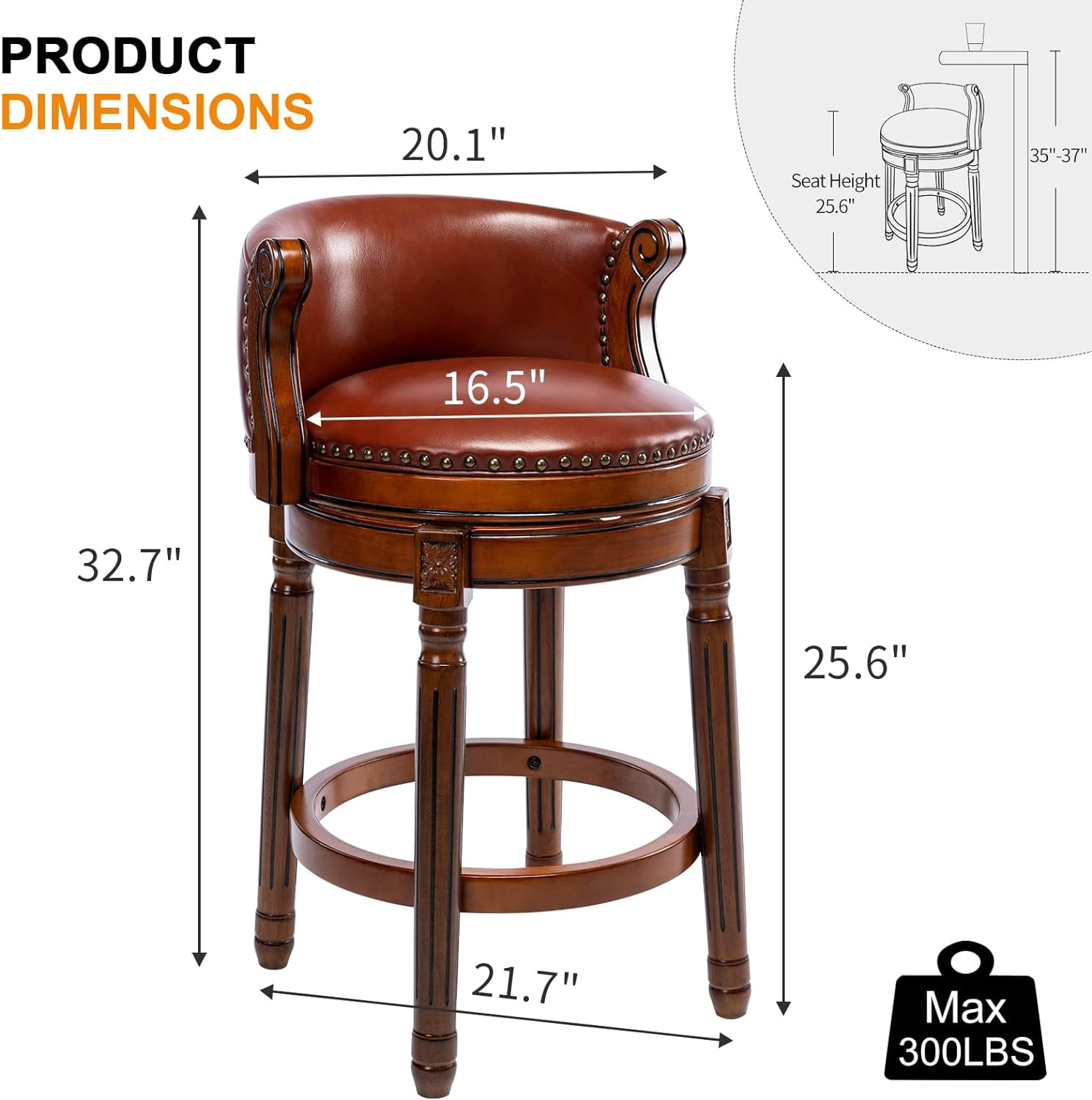 Aulife set of 2 Bar Stools Genuine Leather Counter Height barstool Wooden Swivel kitchen Stool with Footrest for Kitchen Dining Room Brown