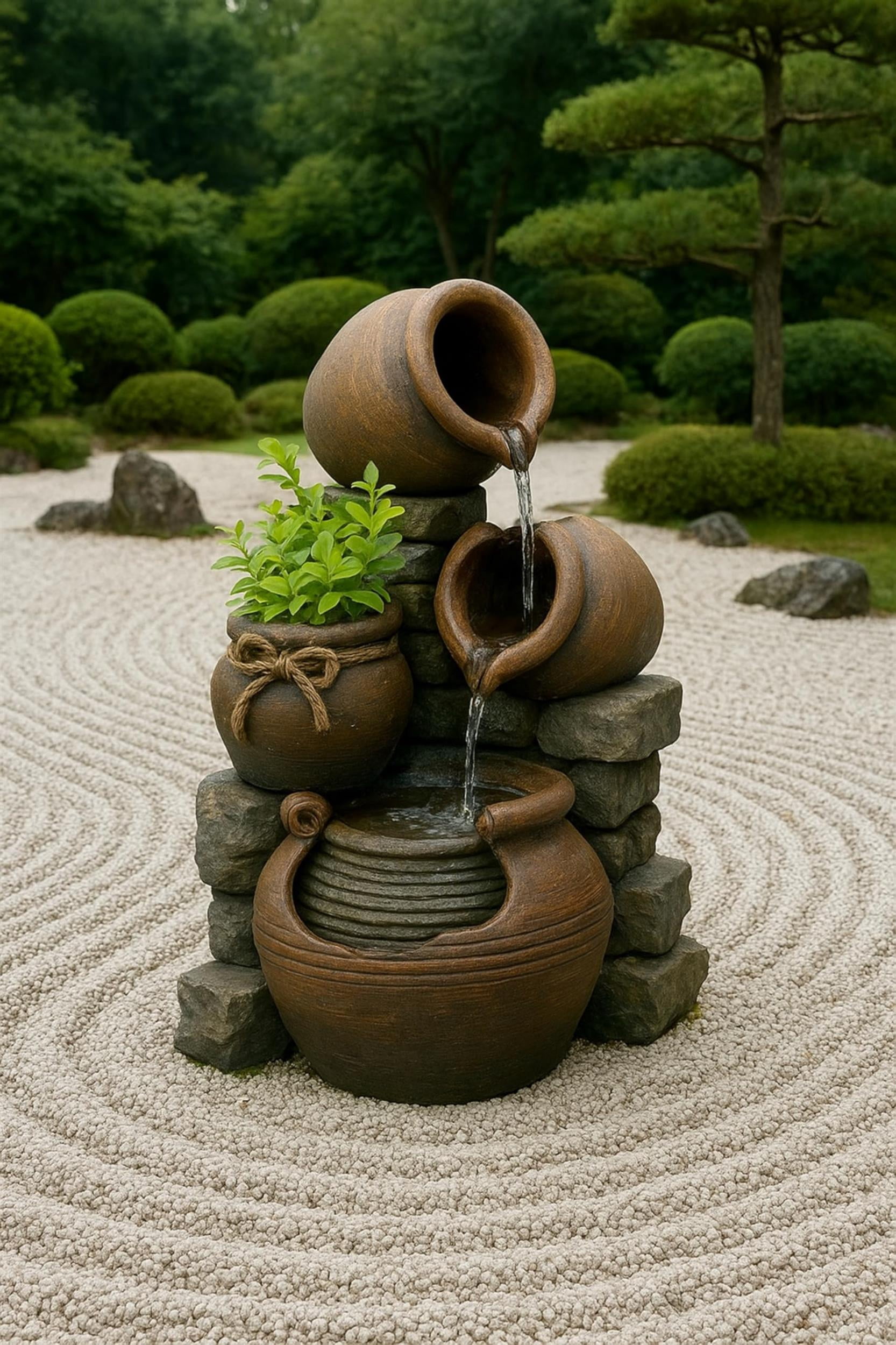 Pemberly Row Multi Pots Outdoor Water Fountain with Flower Pot