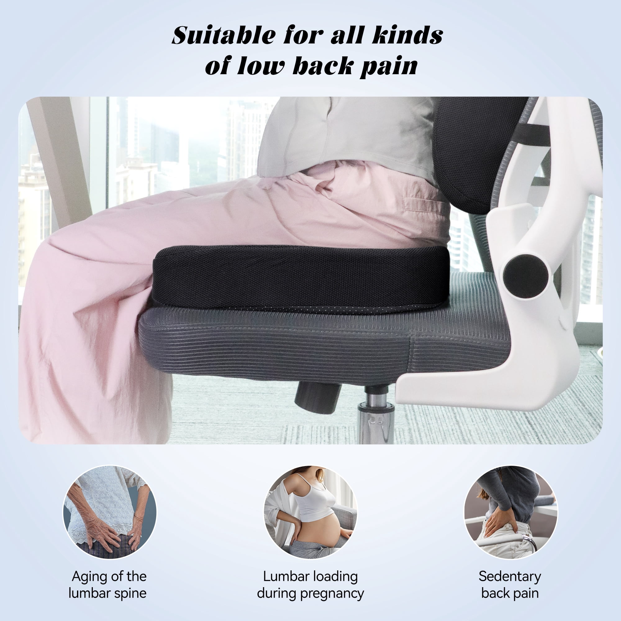 PERRYHOME Seat Cushion for Office Chair, Car Seat, Lumbar Support Pillow, Memory Foam Car Seat Cushions Back Support Pillows, Coccyx Cushion for Tailbone, Hip, Sciatica & Back Pain Relief(Black)