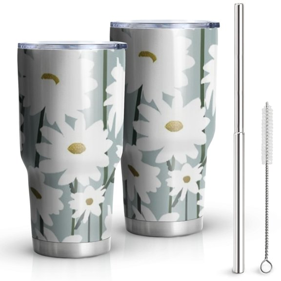 30oz Gray Daisy Flower White Blooms Pattern Tumblers Stainless Steel Tumbler with Lid and Straw,Vacuum Insulated Double Wall Travel Tumbler Cups Mug with Cleaning Brush for Coffee,Tea