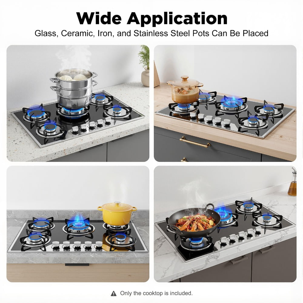 30 Inch Gas Cooktop, 5 Burner Built-in Gas Stove Top LPG/NG Convertible, Black Tempered Glass Gas Hob with Battery Pulse Ignition, 1/2" Gas Connection, Drop-in Kitchen Cooktop for Home & Restaurant