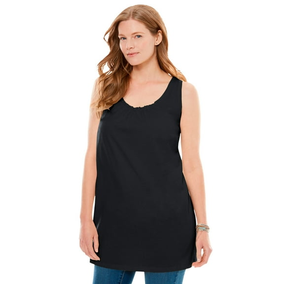 Woman Within Plus Size Perfect Sleeveless Shirred U-Neck Tunic