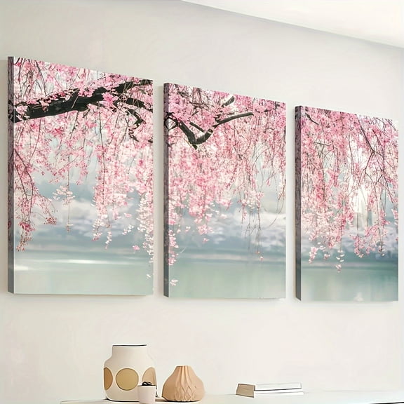 2D Flat, 3pcs 2D/Flat print Have ramed canvas painting and poster, Ready to Hanging, Pink Willow Art Landscape Print, Home Decor, Wall Art, Room Decor, Home Mural, Hd Printing, Ideal for Gifts, Livi