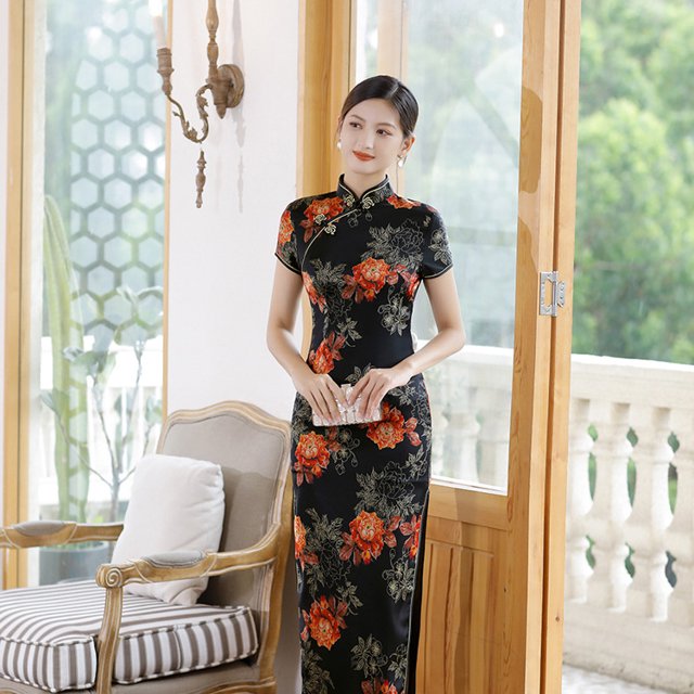 Robe Qipao en Satin pour Femme d'Été à Manches Courtes, Col Montant, Fente Basse, Style Ethnique, Élégante, Jupe Longue