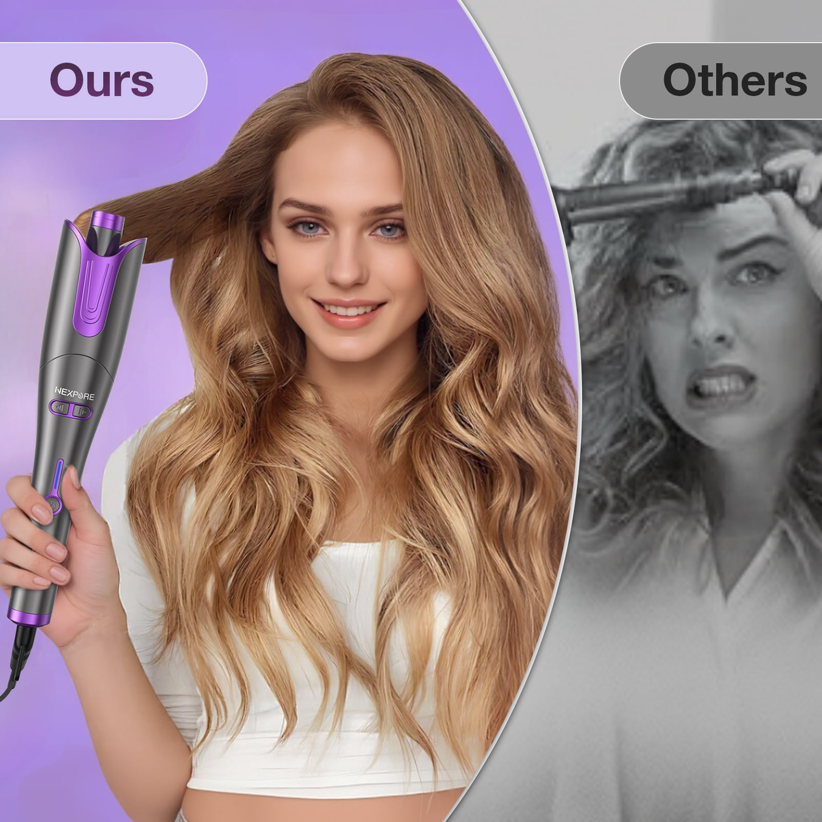 NEXPURE Automatic Curling Iron, 1" Ionic Deep Waver Hair Curler Tool, Ceramic Coating, Fast Heating, Dual Voltage, Anti-Scald, Purple