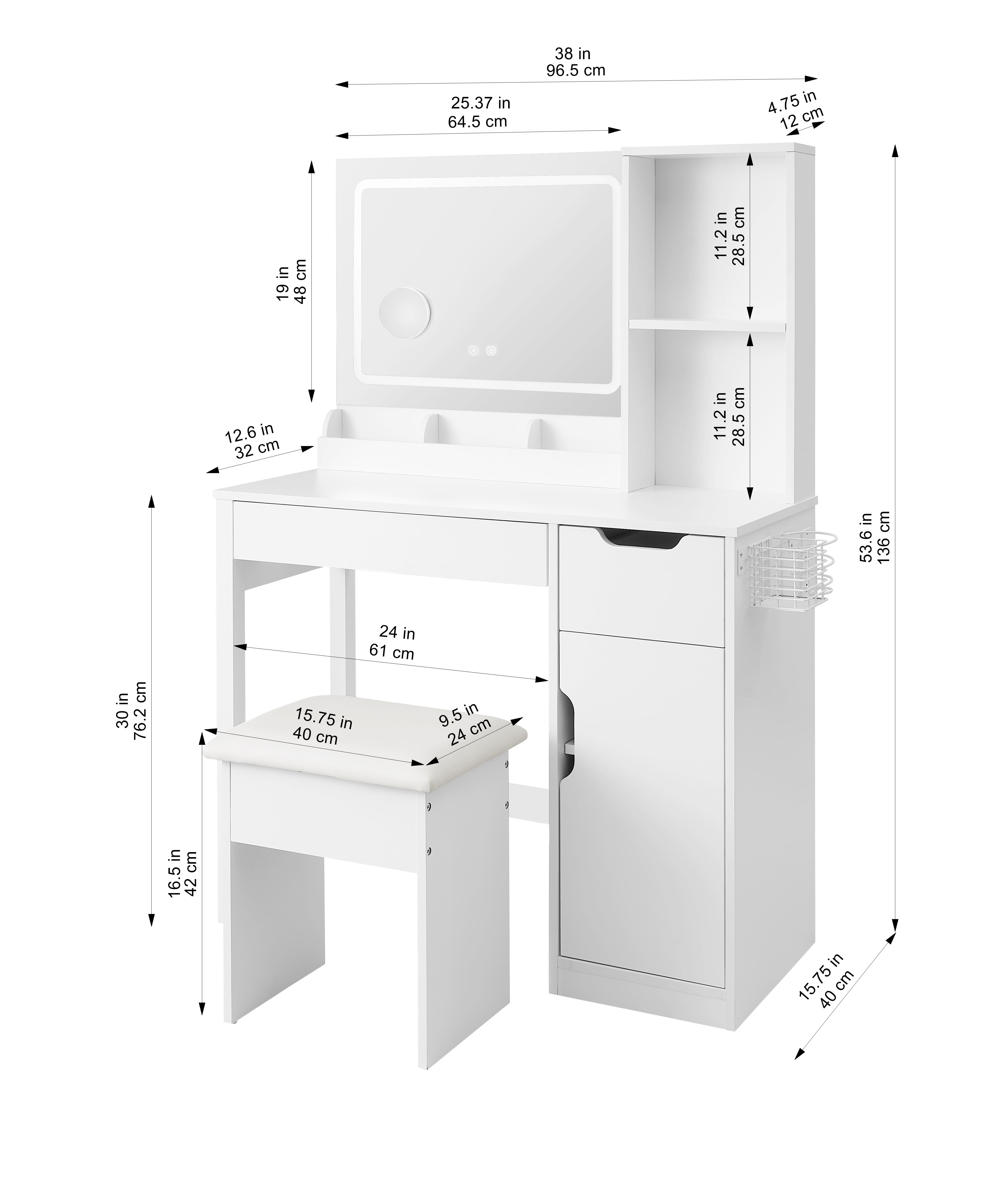 Mainstays Get Ready with Me GRWM Deluxe 2-Piece Right Vanity and Stool with Lighted Mirror and USB Power, White Finish