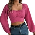 thumbnail image 2 of Titcea Tops for Women Trendy Lantern Sleeve Waist Chiffon Round Neck Long Sleeve Blouses Cute Sexy Casual Shirts, 2 of 8
