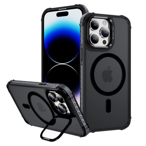 ShellTech Strong  for iPhone 14 Pro Magnetic & Lens Stand Case [Mil-Grade Protection][Adjustable Kickstand] Translucent Slim Hard Back Soft Edge,Black
