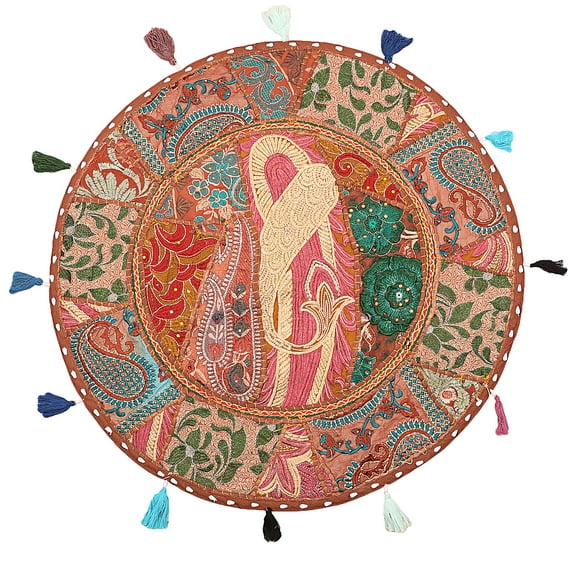 Stylo Culture Indian Round Throw Pillows Vintage Patchwork Floor Cushion Cover Brown Big Pillow For Living Room 22" Decorative Decor Seating Tuffet Seat Pouf Cover Footstool Cotton Embroidered 1 Pc