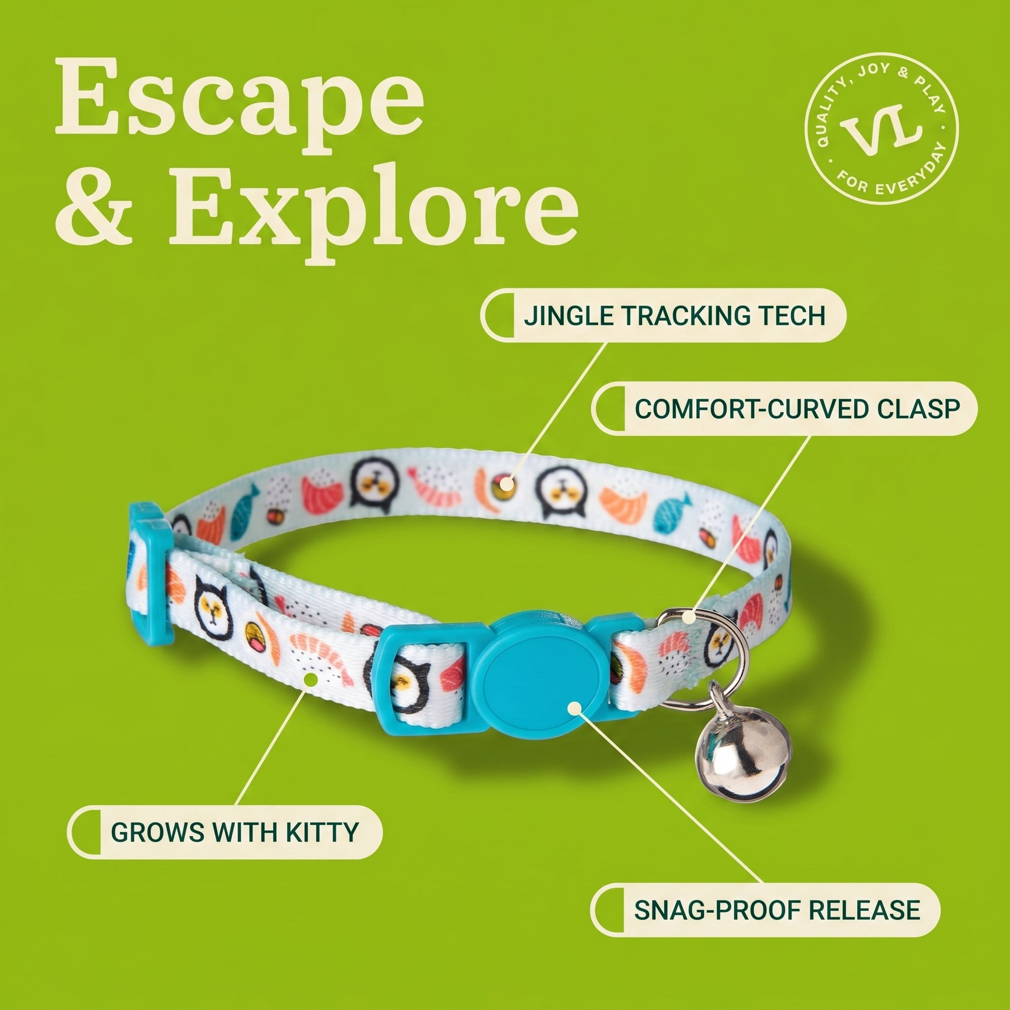 (3 pack) Vibrant Life Break-Away Adjustable Cat Collar, Multicolor Sushi, One Size