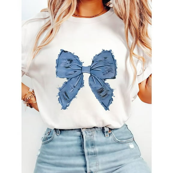 Trendy Shabby Denim Bow Graphic Tees Vintage Print T Shirts Short Sleeve Casual Cotton Tops for Daily Outfits White,5XL