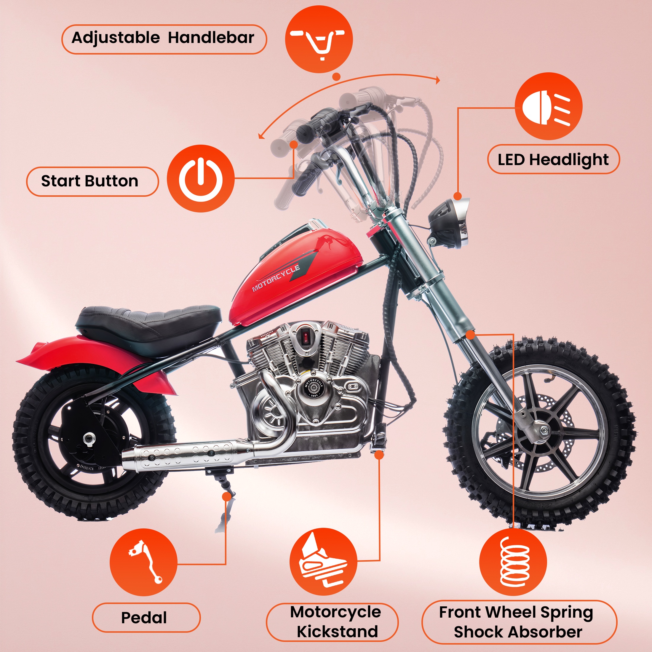 36V Power Ride on Motorcycle for Teen, Kids Electric Motorcycle with Front Wheel suspension, LED Light, Top Speed 13.6 Mph, Electric Dirt Bike for Boys Girls, Red