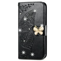 Dteck for Samsung Galaxy S22 Ultra Case Wallet for Women, Flip Folio Cover with Butterfly Embossed Diamond PU Leathe Stand Card Holder Protective Case with Wrist Strap,Black