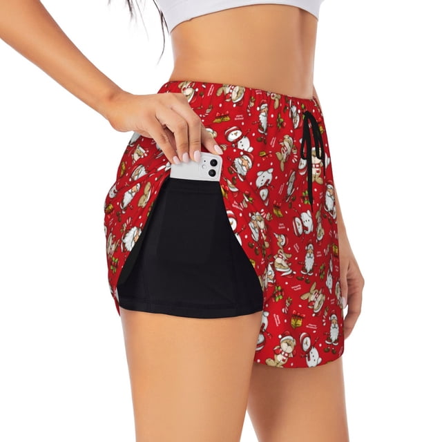 Balery Christmas Santa Cartoon Snowman A Pantalones cortos deportivos para mujer con forro y dos bolsillos, elásticos, para entrenamiento, gimnasio, yoga-Small