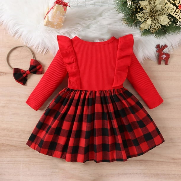 Flywake Savings Deals 2024! Spring Dresses for Baby Girls (6Months-4  Years)round Neck Bow Dress + Bow Hair Tie Ruffle Knit Long Sleeve Patchwork  Plaid Skirt Hem A-line Skirt 