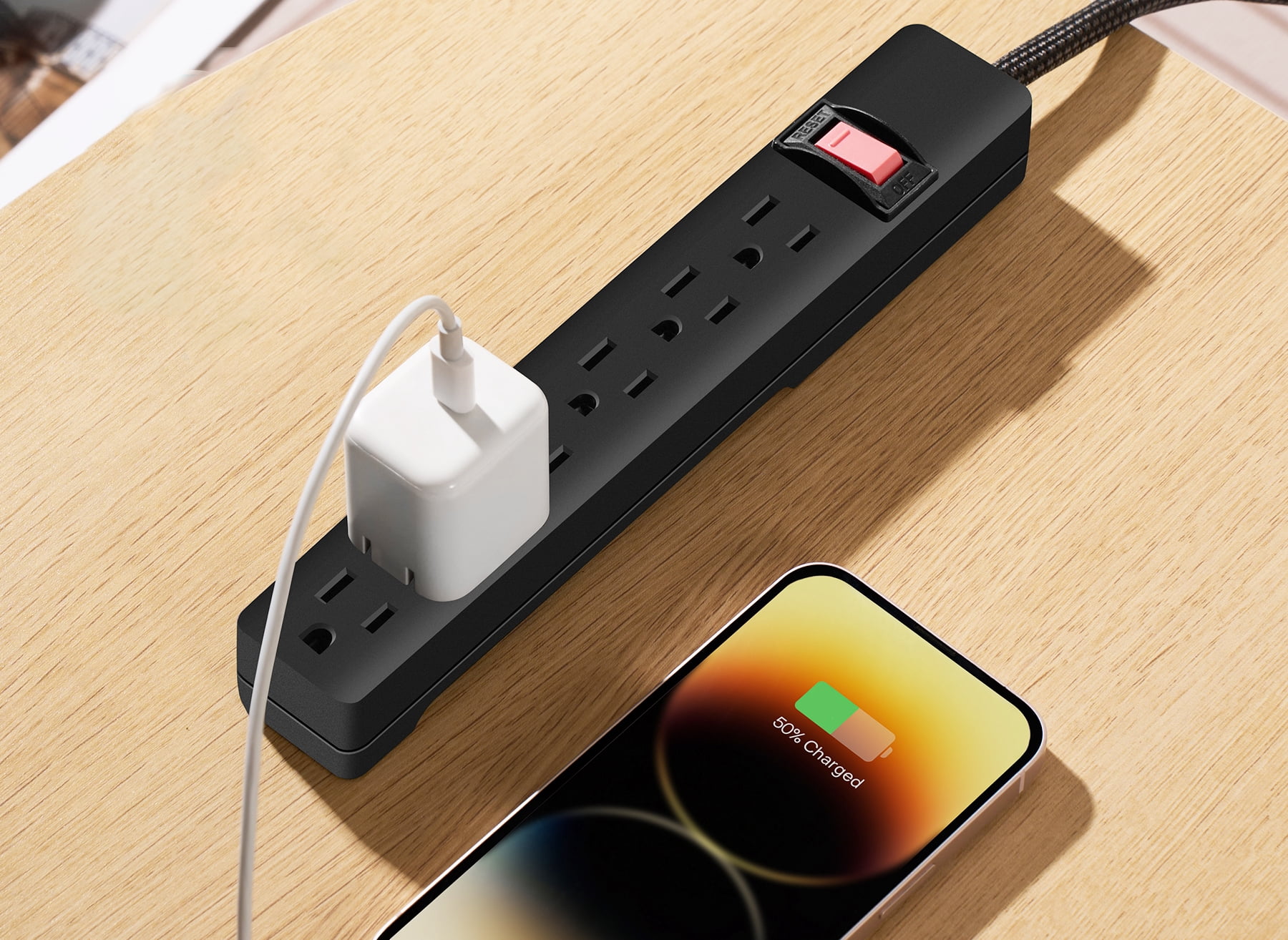 Hyper Tough 6-Outlet Indoor Power Strip, 8 ft Braided Extension Cord, ETL Certified, Black, 2-Pack