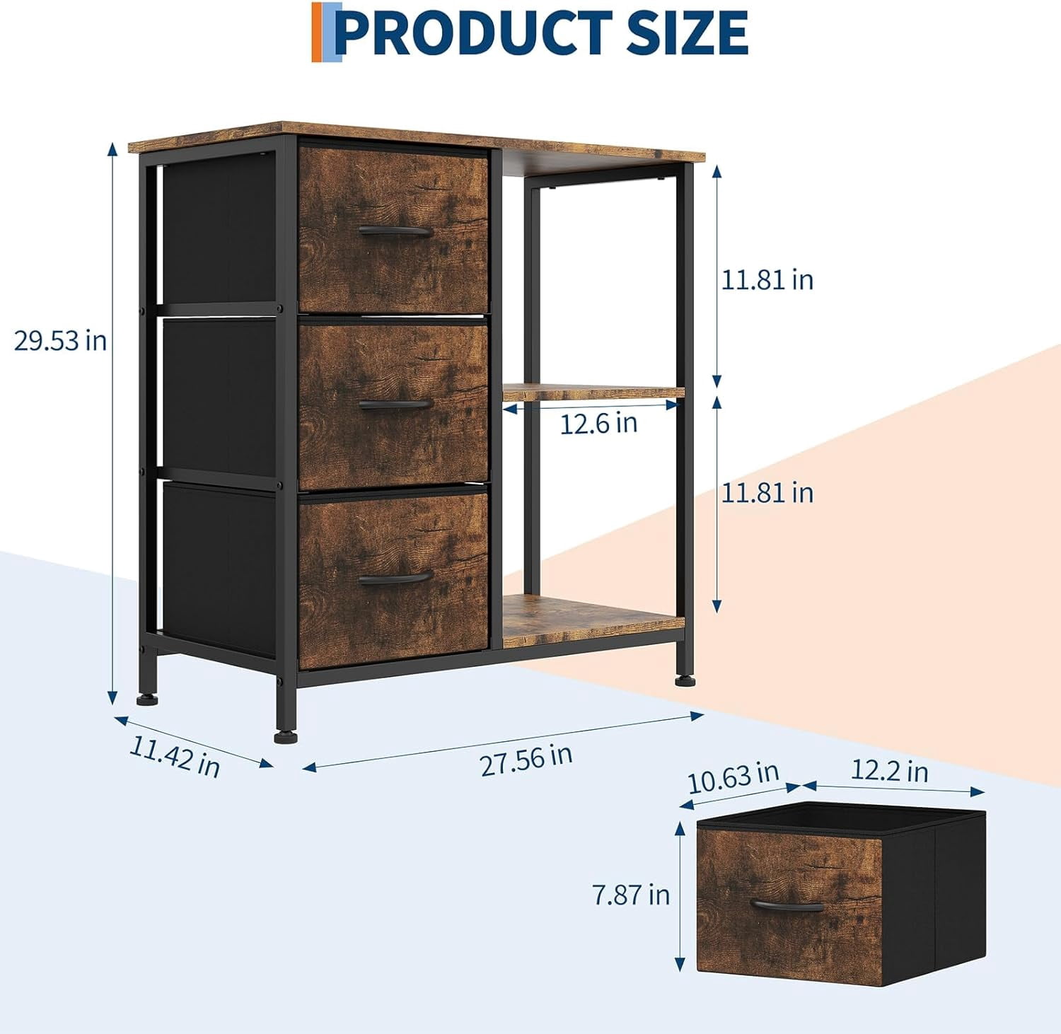 Rustic 3 Fabric File Cabinet and Printer Stand – Open Storage Shelf & Multi-Purpose End Table – Sturdy Steel Frame – Under Desk Organizer – Wood Color
