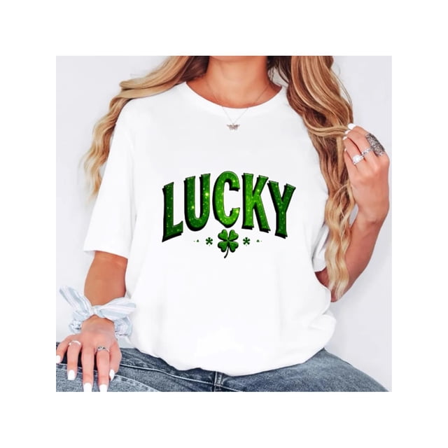 1pc Printed with Green Lucky Clover, short-sleeved T-shirt with printed pattern elements, fashionablCamisetas de verano para mujer, manga corta, cuello redondo, casual, lindo, con gráficos, camisetas