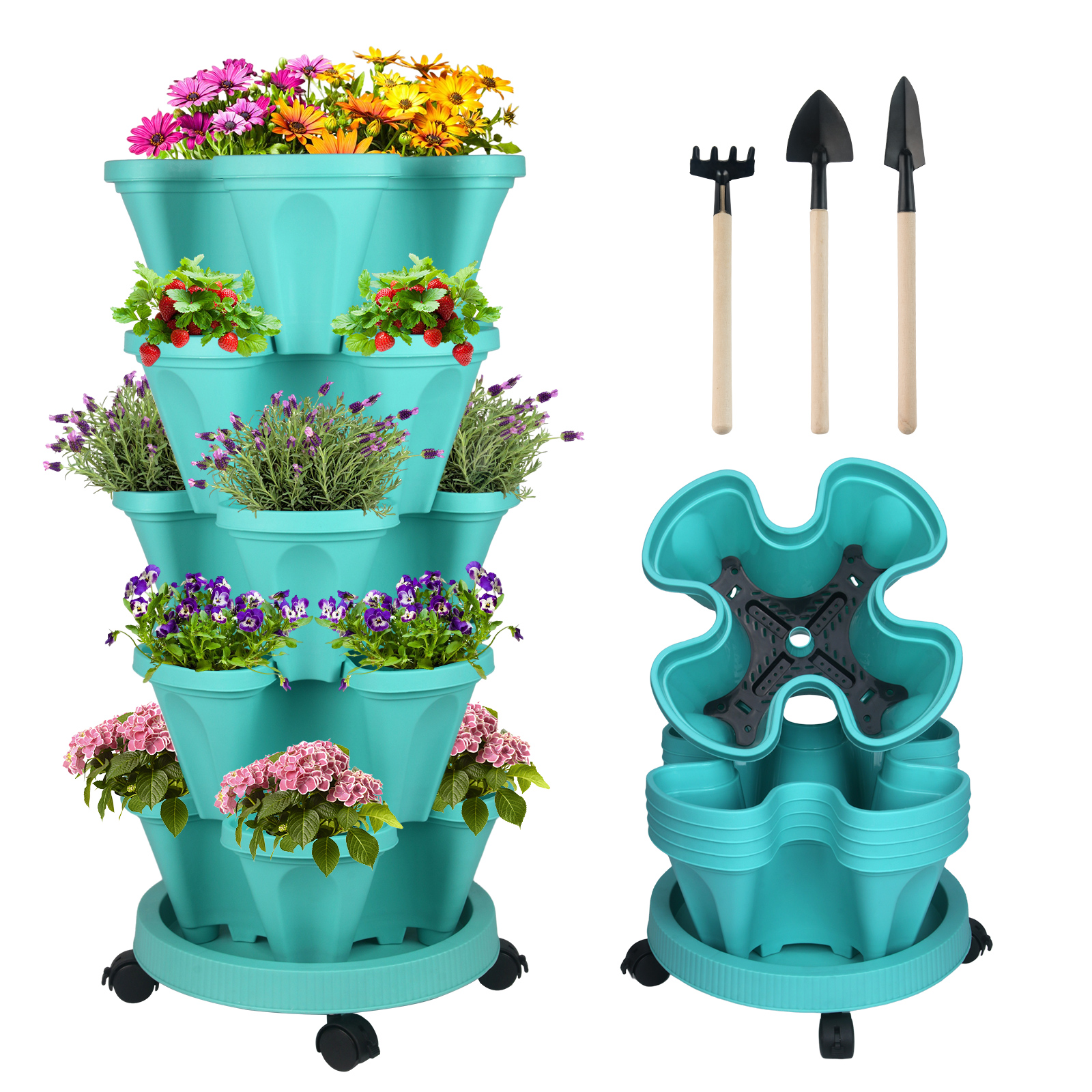 Stackable Planter with Removable Wheels and Garden Tools, Tower Garden