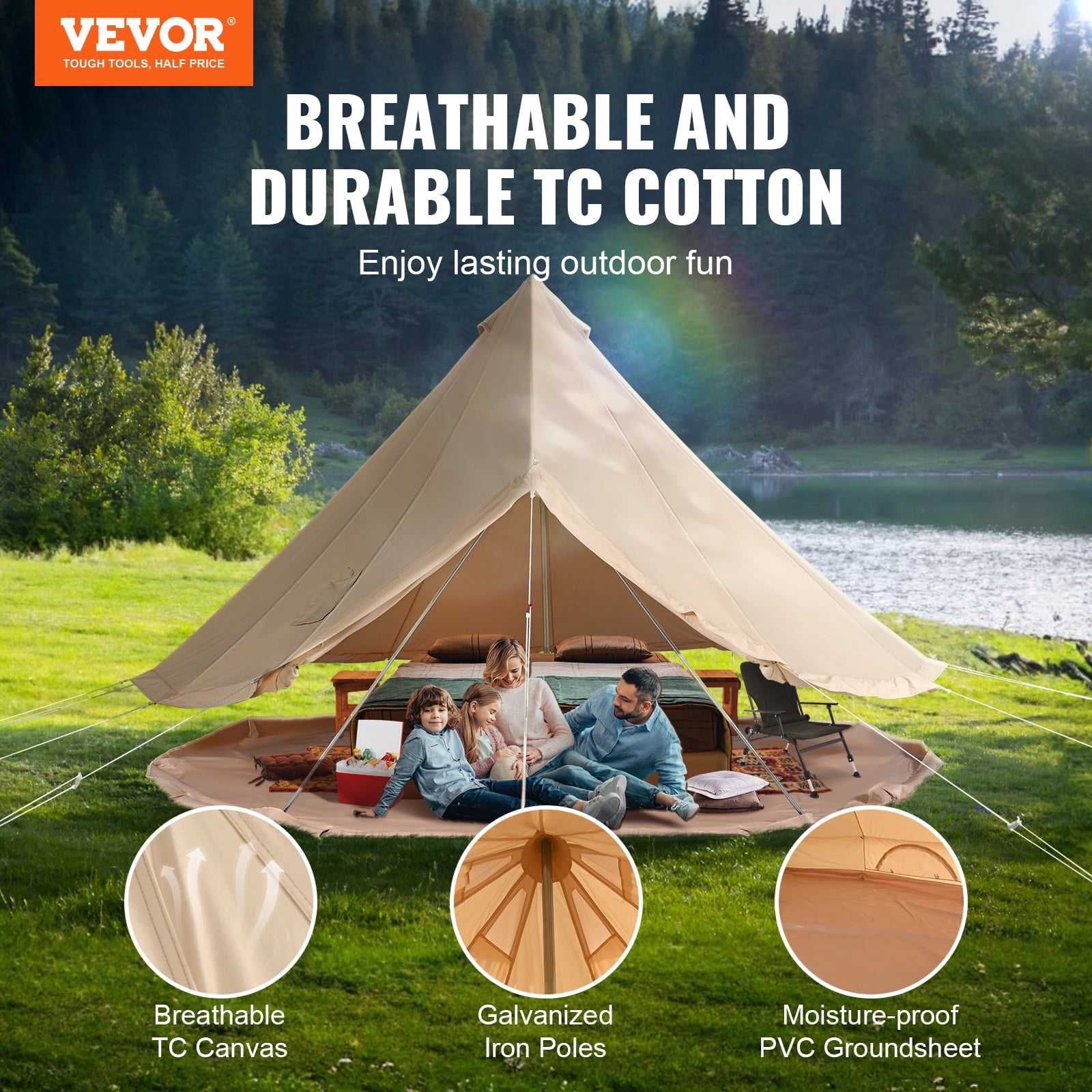 VEVOR Canvas Bell Tent, 4 Seasons 7 m/22.97 ft Yurt Tent, Canvas Tent for Camping with Stove Jack, Breathable Tent Holds up to 12 People, Family Camping Outdoor Hunting Party