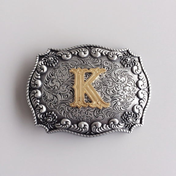 Antique Silver with Gold Initial Letter K Cowboy Cowgirl Western Belt Buckle