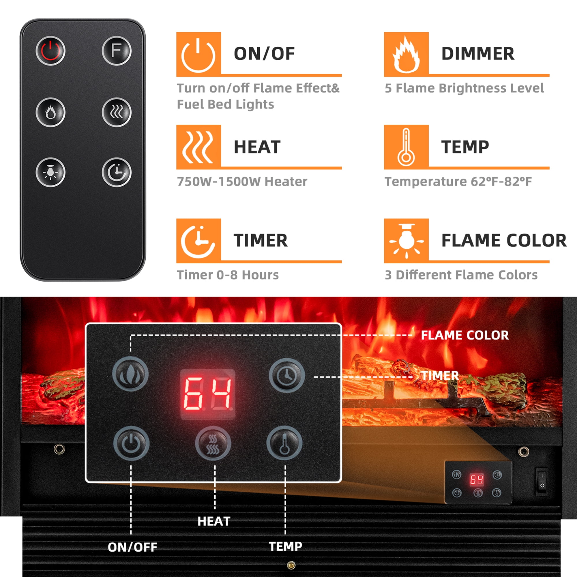 28.5'' Fireplace Electric Embedded Insert Heater Glass Log Flame Remote -  Walmart.com