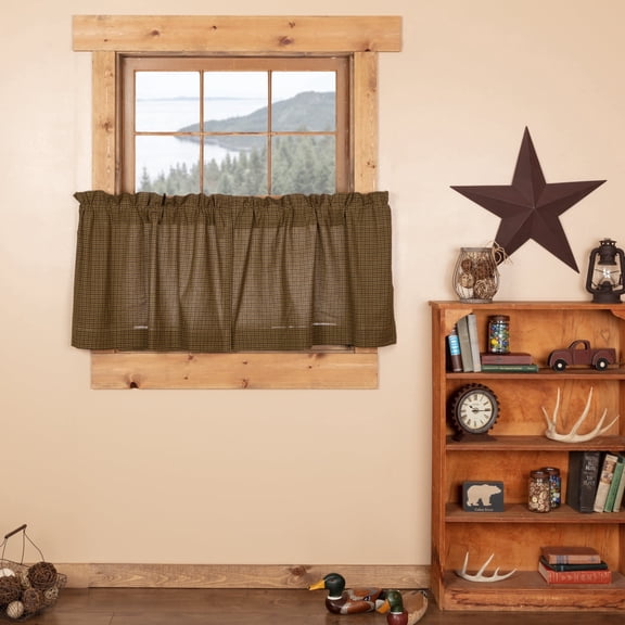 VHC Brands Tea Cabin Green Plaid Tier Set of 2 L24xW36 Country Rustic Curtains, Moss Green
