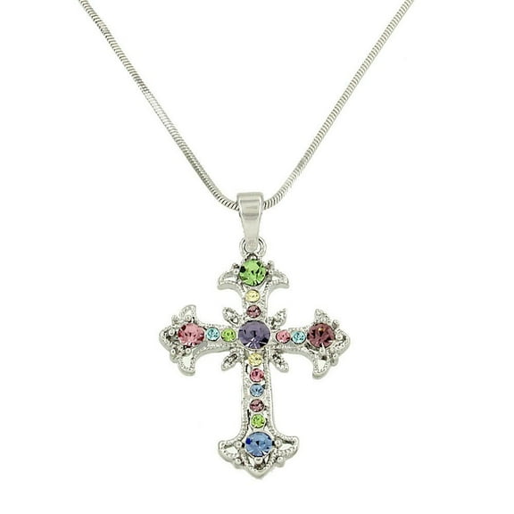 Cross Pendant Necklace Rhinestone Crystal Rhodium High Polished J0080-MT