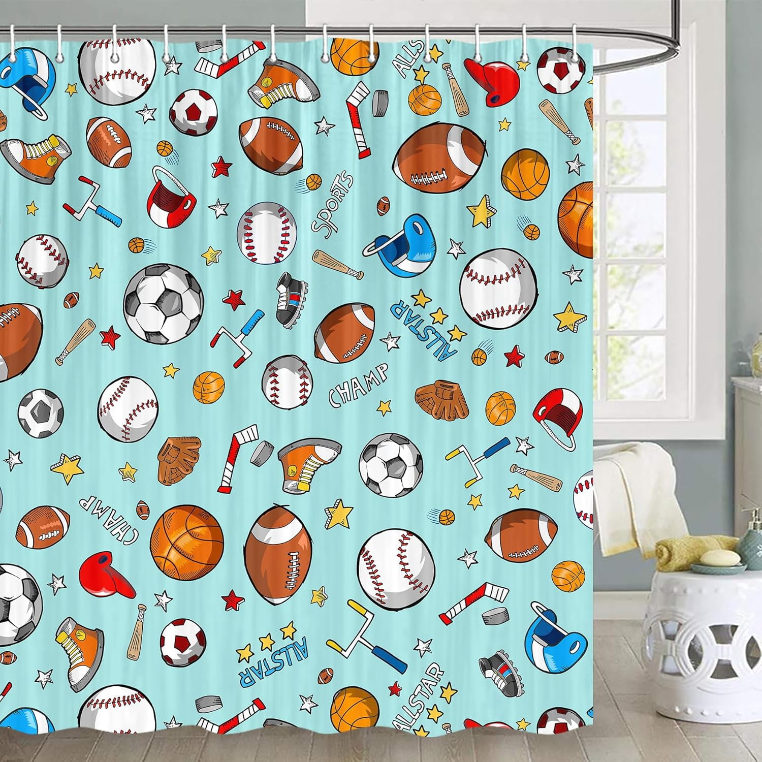 Sports Shower Curtain for Kids Children Teens, Basketball Football Baseball Hockey Star Teal Shower Curtain Sports Bathroom Decor, Fabric Baseball Shower Curtain Set with Hooks (72X84), Teal