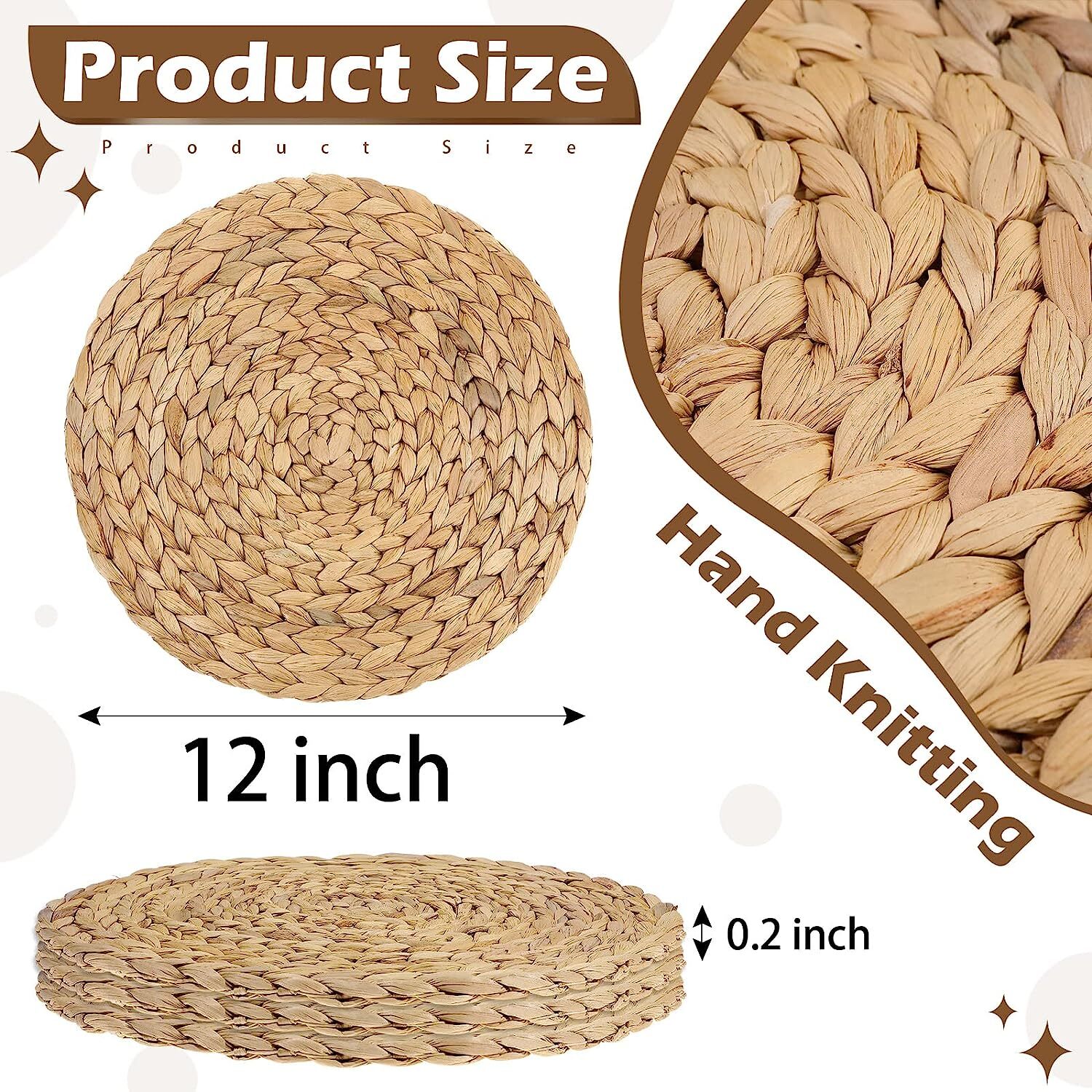 Round Woven Placemats Boho Rustic Placemats Braided Round Placemats Water Hyacinth Heat Resistant Non-Slip Table Mat for Dining Table Home Wedding Indoor Outdoor, 12 Inch (4 Pieces)