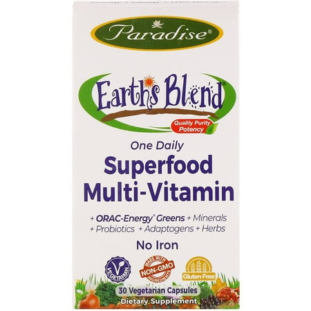 Blend Iron - Paradise Herbs Earth s Blend One Daily Superfood Multivitamin No Iron 30 Vegetarian Capsules