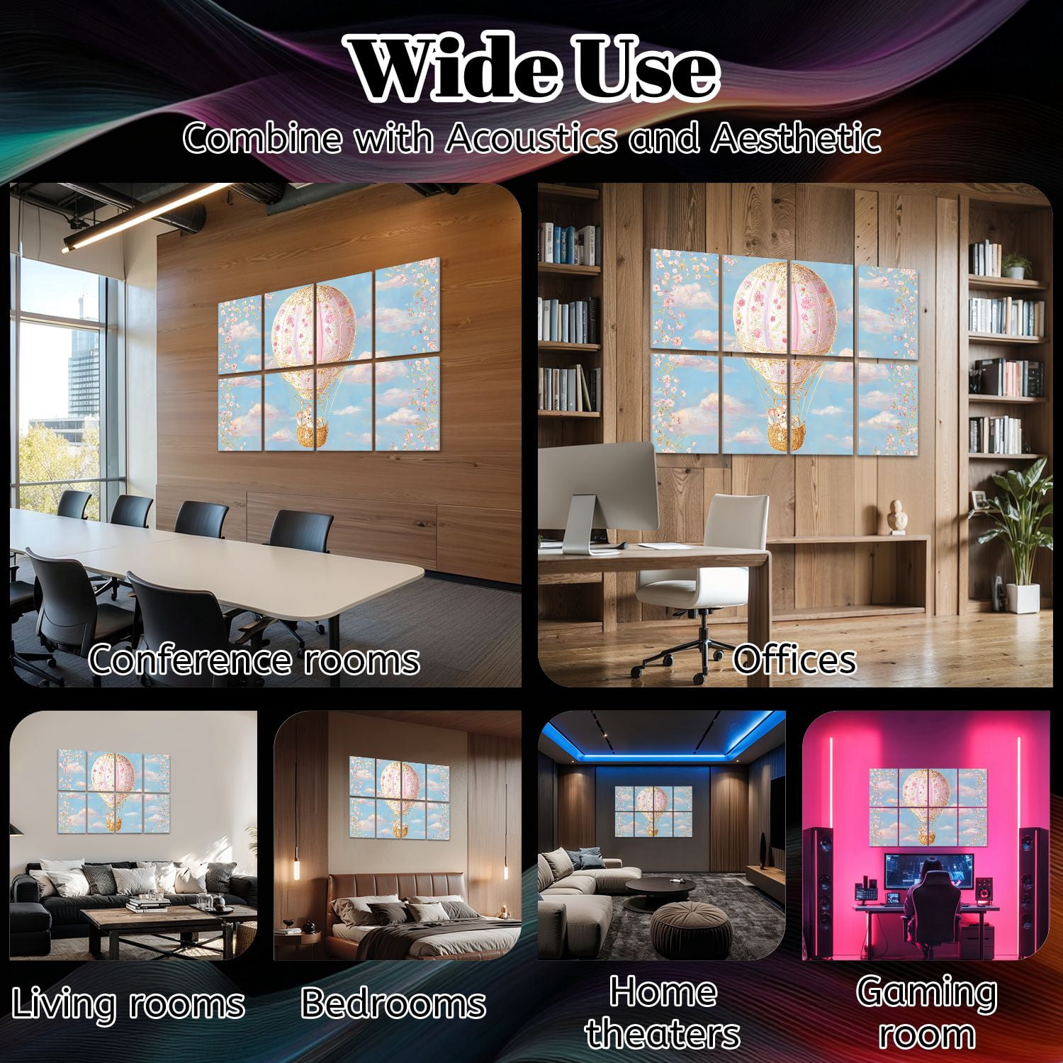 8 Pack Art Acoustic Panels Whimsical Hot Air Balloon Floral Cute Mouse Sky Self Adhesive Sound Absorbing Panels for Home Office Studio Media Room 48"x32"