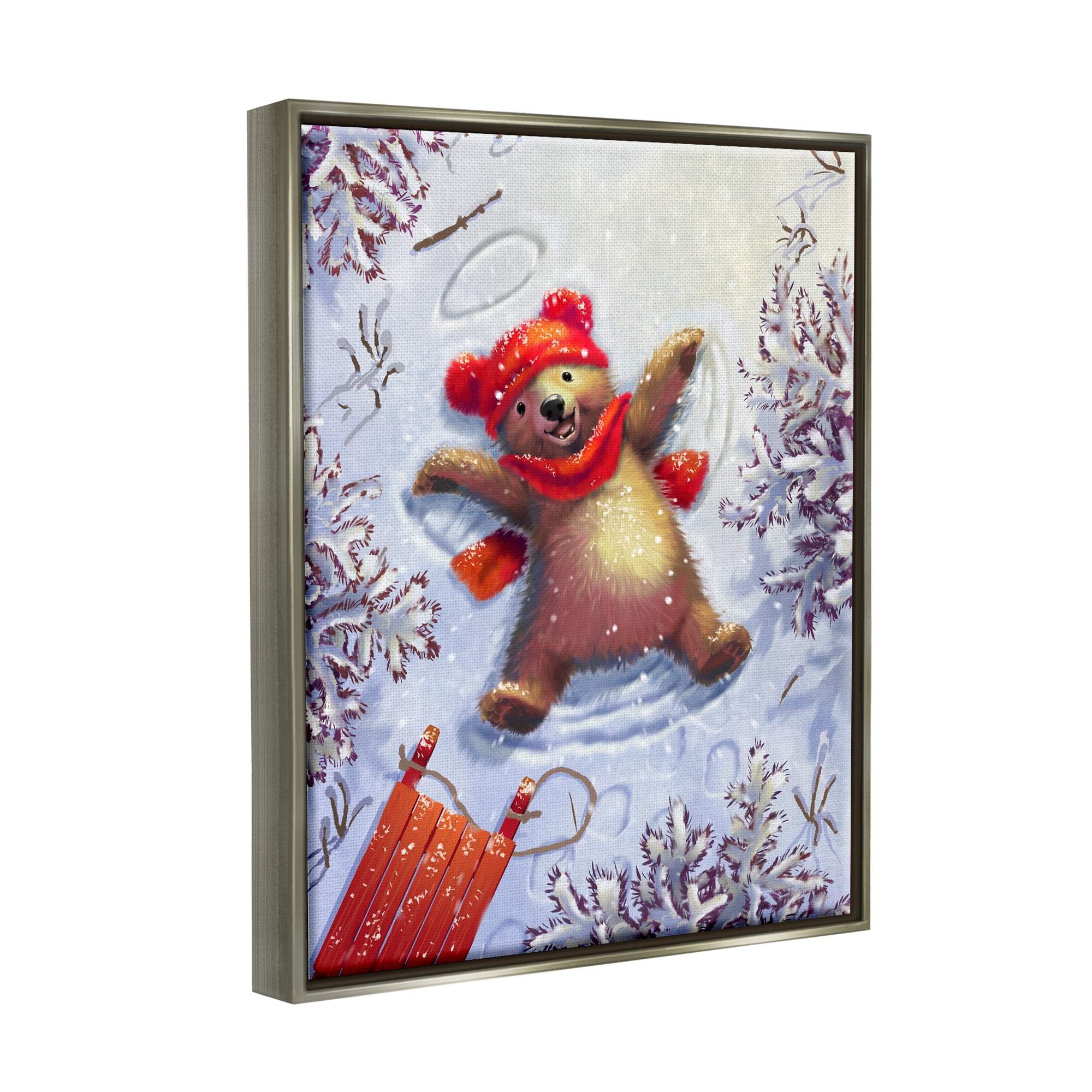 Stupell Industries Bear Cub Snow Angel Sled Holiday Painting Gray Floater Framed Art Print Wall Art