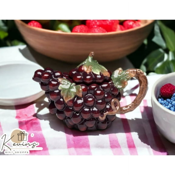 Hand Painted Ceramic Grape Teapot 8oz 6.75x4.5 Farmhouse Tea Party