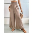 thumbnail image 4 of Women Linen Palazzo Pants Wide Leg Summer Boho High Waist Casual Lounge Pants Beach Travel Vacation Outfits Khaki M, 4 of 8