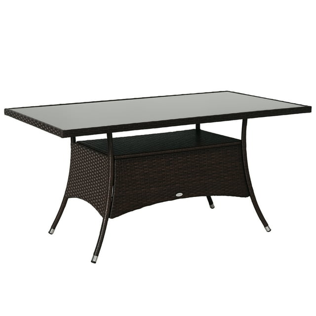 Outsunny Table de Salle à Manger en Rotin pour Patio avec Dessus en Verre Trempé, Tablette de Rangement