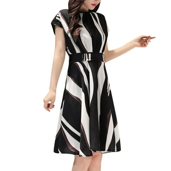 SHOPESSA Plus Size Clothes for Women Fashion Women Business Dress Belt O-Neck Short Sleeve Knee Length Dress
