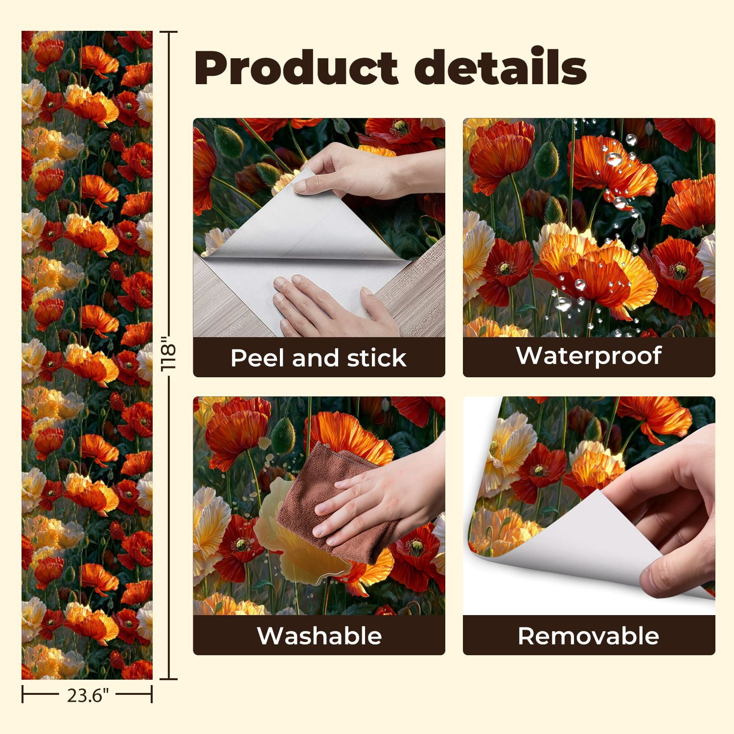 Vintage Peel and Stick Wallpaper Stunning Poppies Full Bloom Golden Glow Wall Mural 23.6in x 9.8ft Self Adhesive Removable Wall Paper Renter Friendly Wallpaper for Nursery Bedroom Cabinets