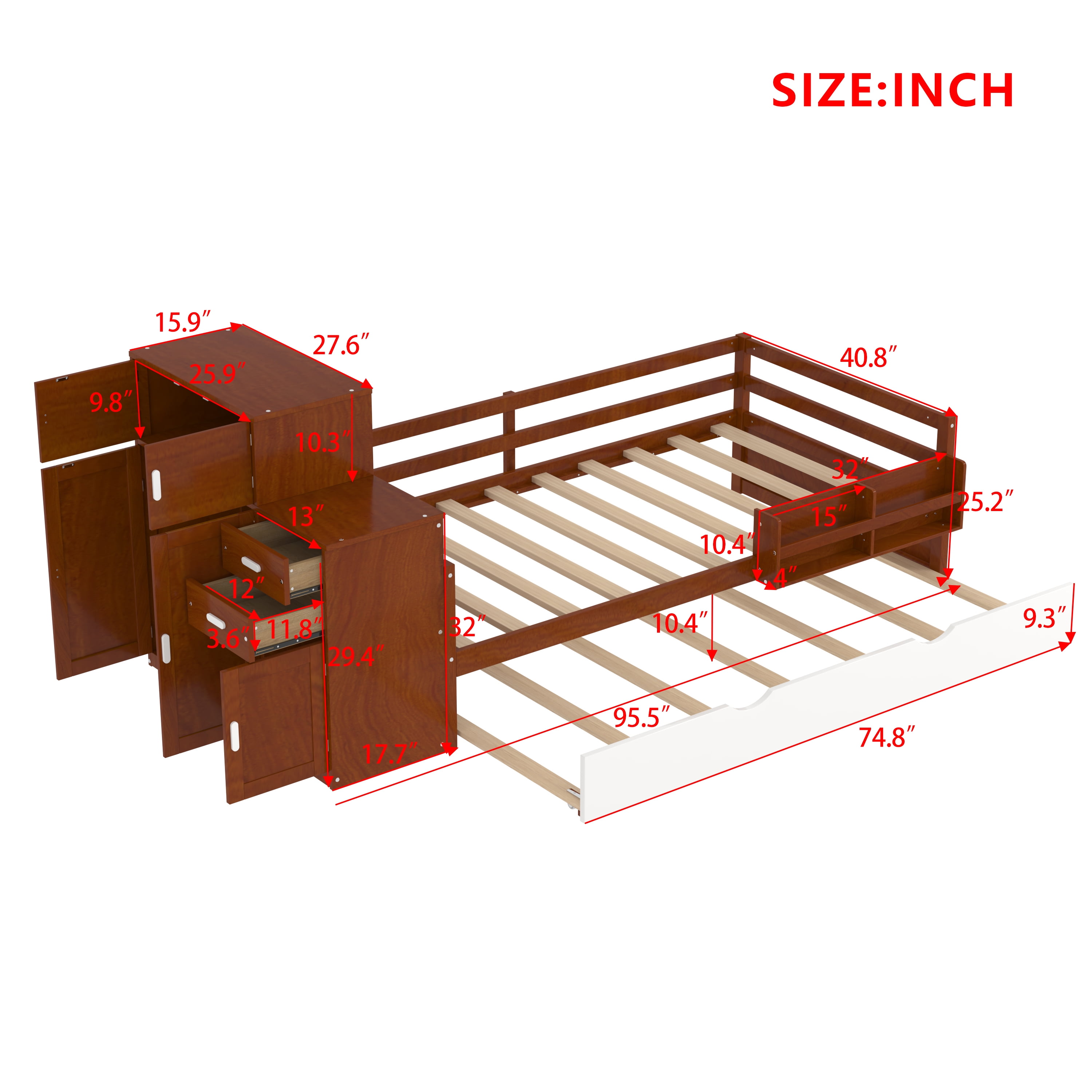 Euroco Wood Twin Size Daybed with Trundle, Storage Bed with Bookcase and Wardrobe, Walnut
