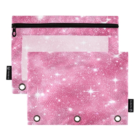 2 Pack Flip Folders with Clear PVC Window Binder Pouches 3-Ring Binder Organizer for Office & Home Pink Glitter Background