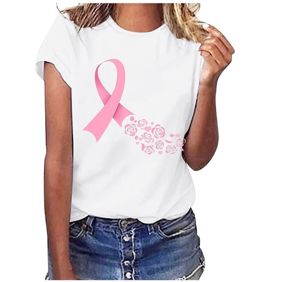 Honeeladyy Breast Cancer Awareness Shirts Women Pink Ribbon T-Shirts Cancer Fighter Leopard Heart Graphic Tee Short Sleeve Tops #KC-White-XL
