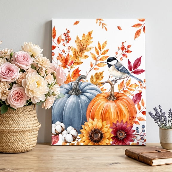 Fall Canvas Wall Art for Living Room, Orange Blue Harvest Pumpkins Maple Leaf Sunflower Bird Poster Print Painting for Bedroom Office Home Decoration Wall Pictures Prepare To Hang 8"x12"