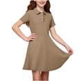 thumbnail image 2 of XRoczxe Girls Short Sleeve Polo Collar Swing Dress Ruffled Button Front Casual School Uniform Dress with Side Pockets Multiple Solid Colors Khaki, 2 of 9