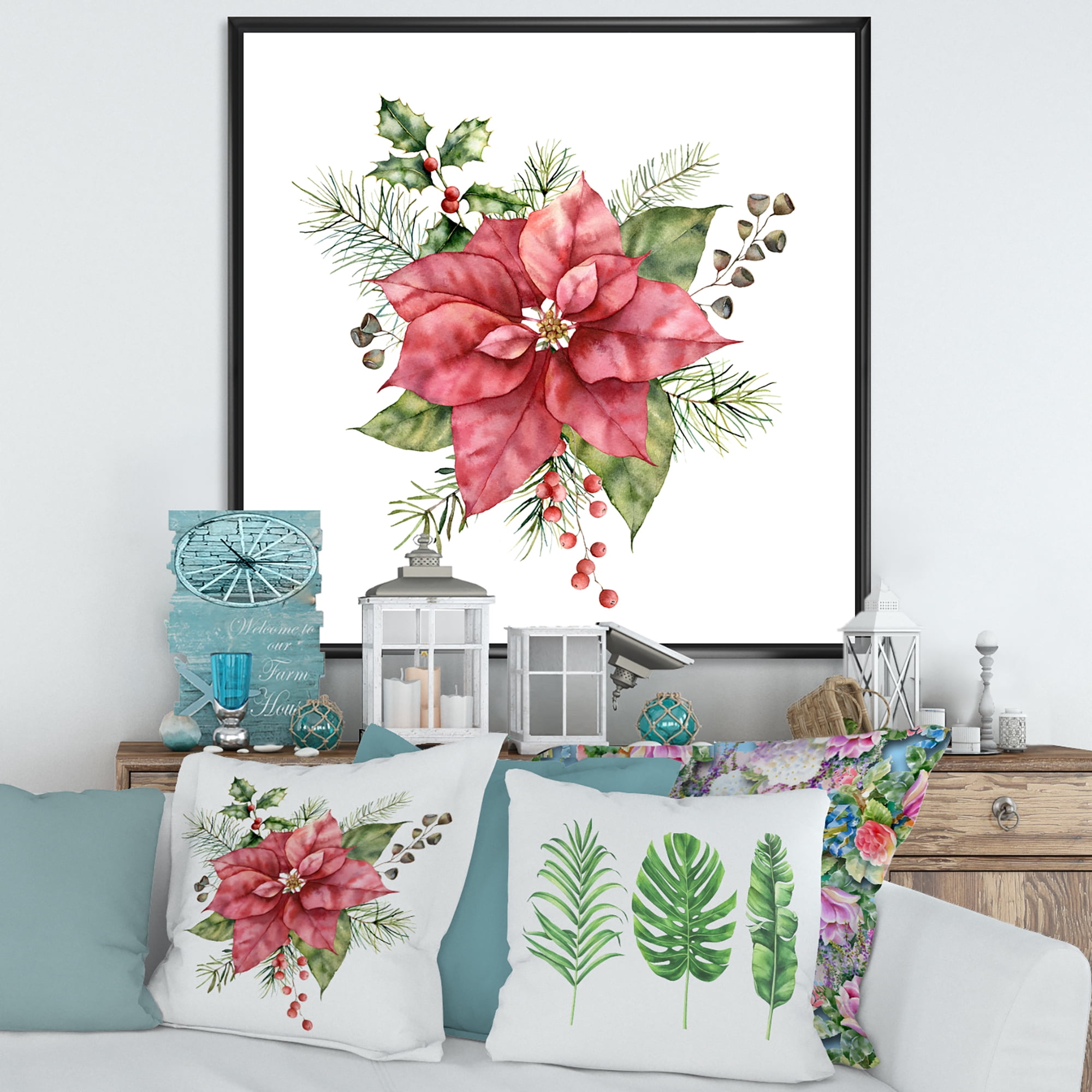 Christmas Fir Branch and Holly Mistletoe Berries II 36 in x 36 in Framed Painting Canvas Art Print, by Designart