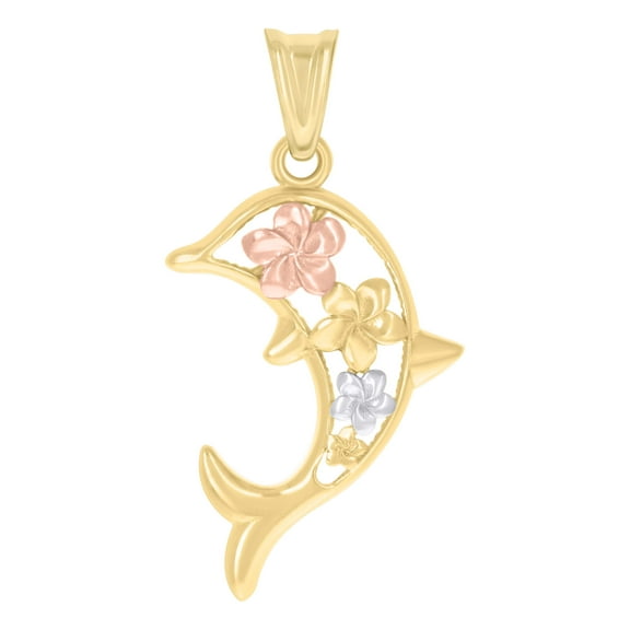 14k Tri-Color Gold Womens Floral Dolphin Fish Ocean Charm Pendant