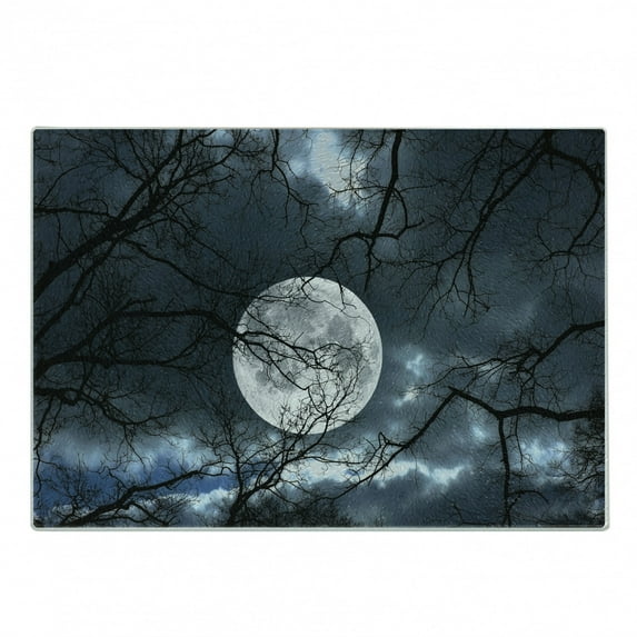 Forest Cutting Board, Full Moon at Night in Forest Winter Time Dramatic Days Lunar Photo, Decorative Tempered Glass Cutting and Serving Board, Small Size, Blue Black Yellow, by Ambesonne